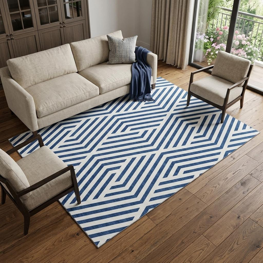 10 X 14 Navy Blue And Ivory Geometric Washable Area Rug With UV Protection