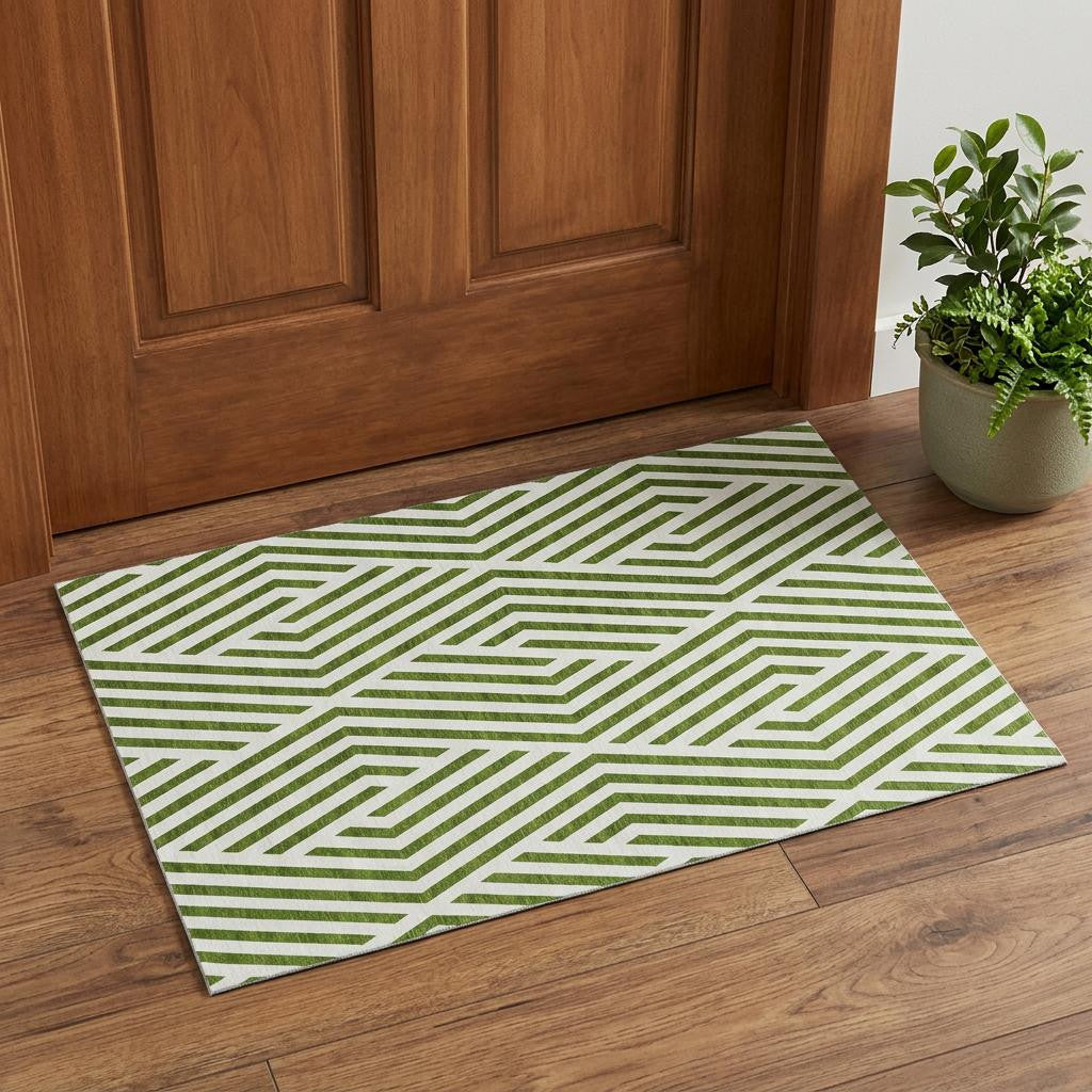 3 X 5 Olive Green And Ivory Geometric Washable Area Rug With UV Protection