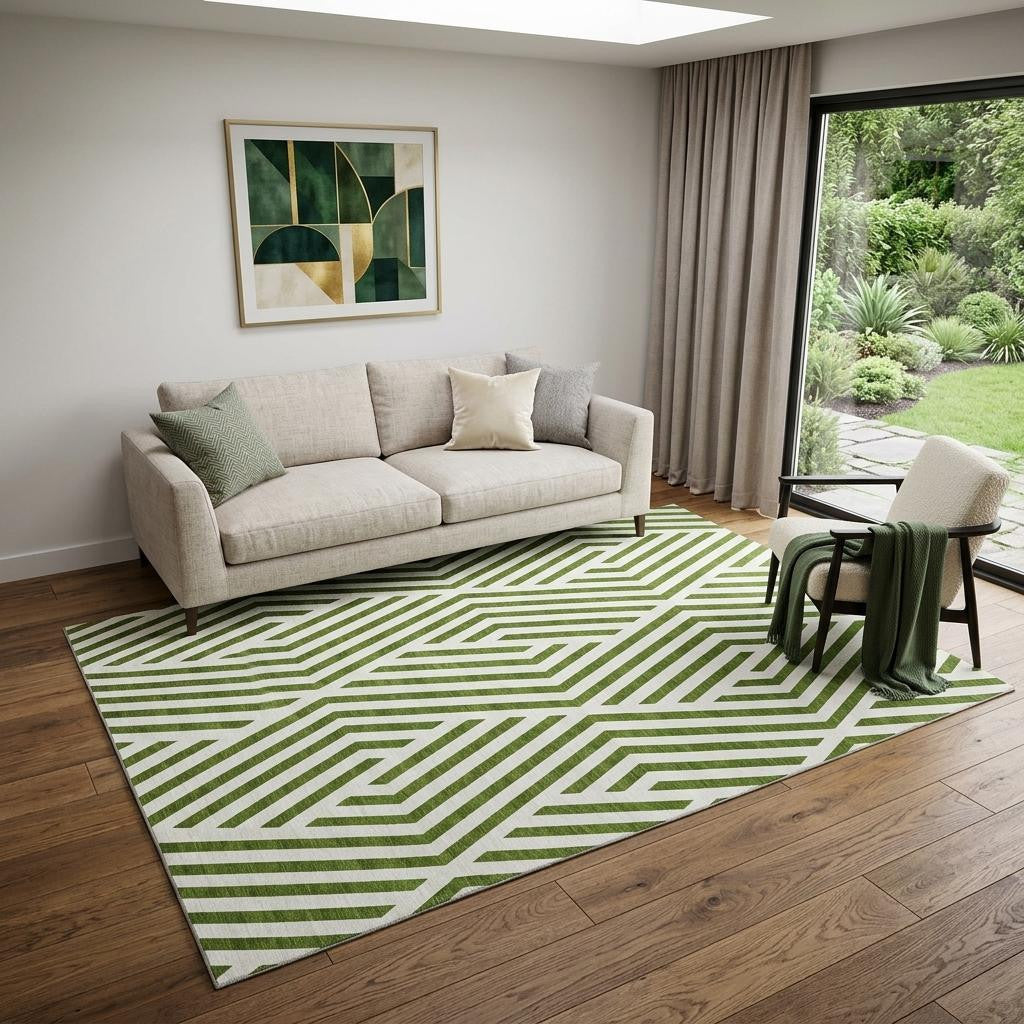5 X 8 Olive Green And Ivory Geometric Washable Area Rug With UV Protection