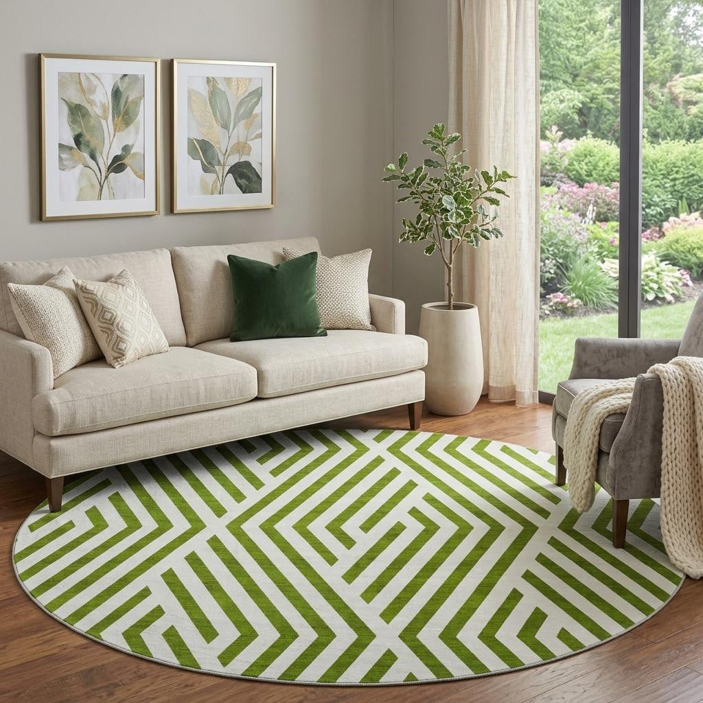 8 Olive Green And Ivory Geometric Washable Round Rug With UV Protection