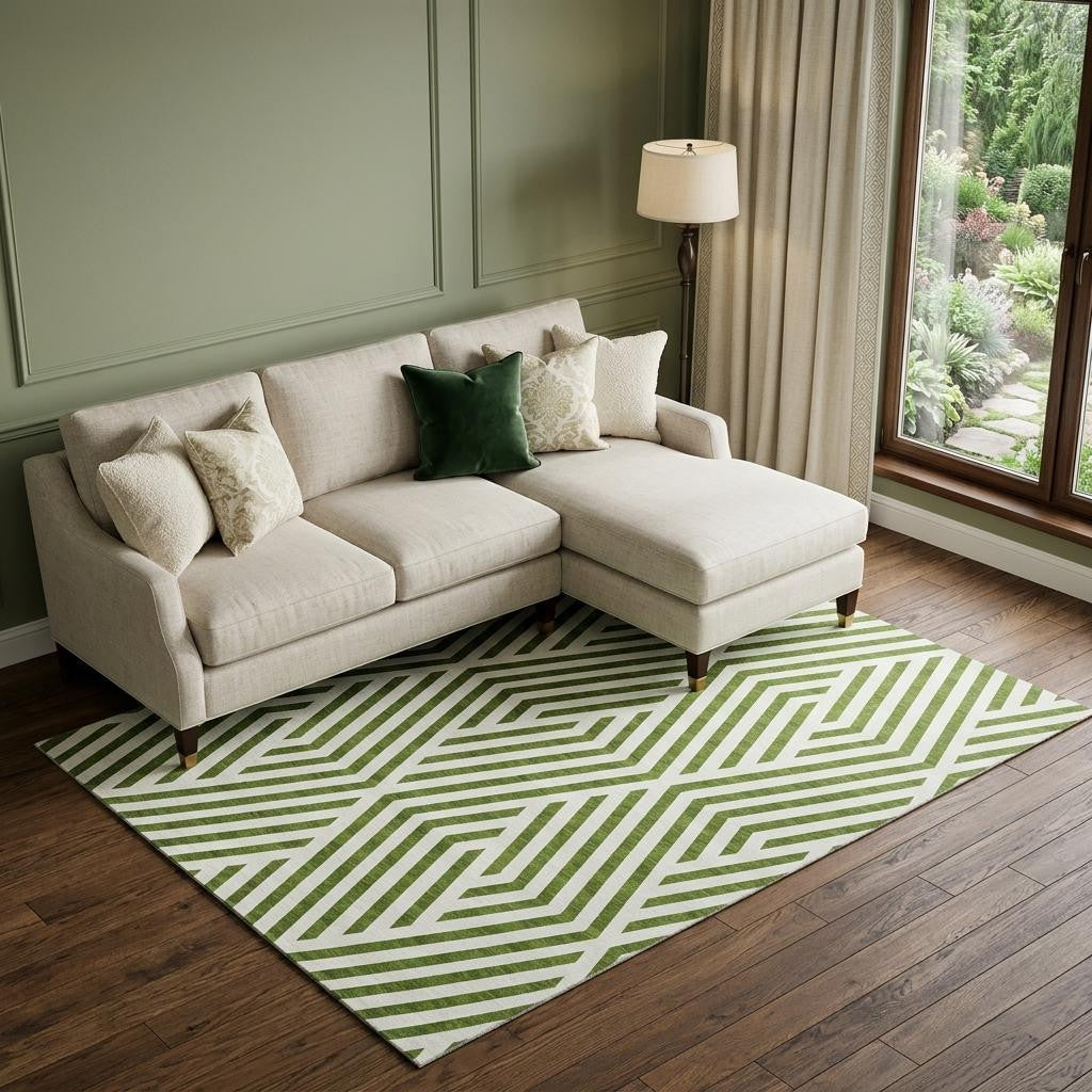 8 X 10 Olive Green And Ivory Geometric Washable Area Rug With UV Protection