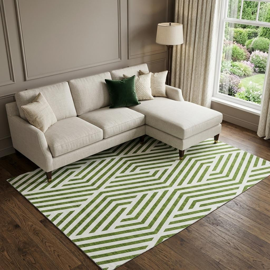 9 X 12 Olive Green And Ivory Geometric Washable Area Rug With UV Protection