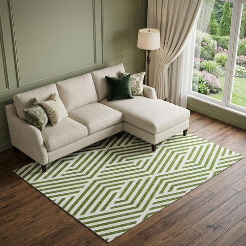 10 X 14 Olive Green And Ivory Geometric Washable Area Rug With UV Protection