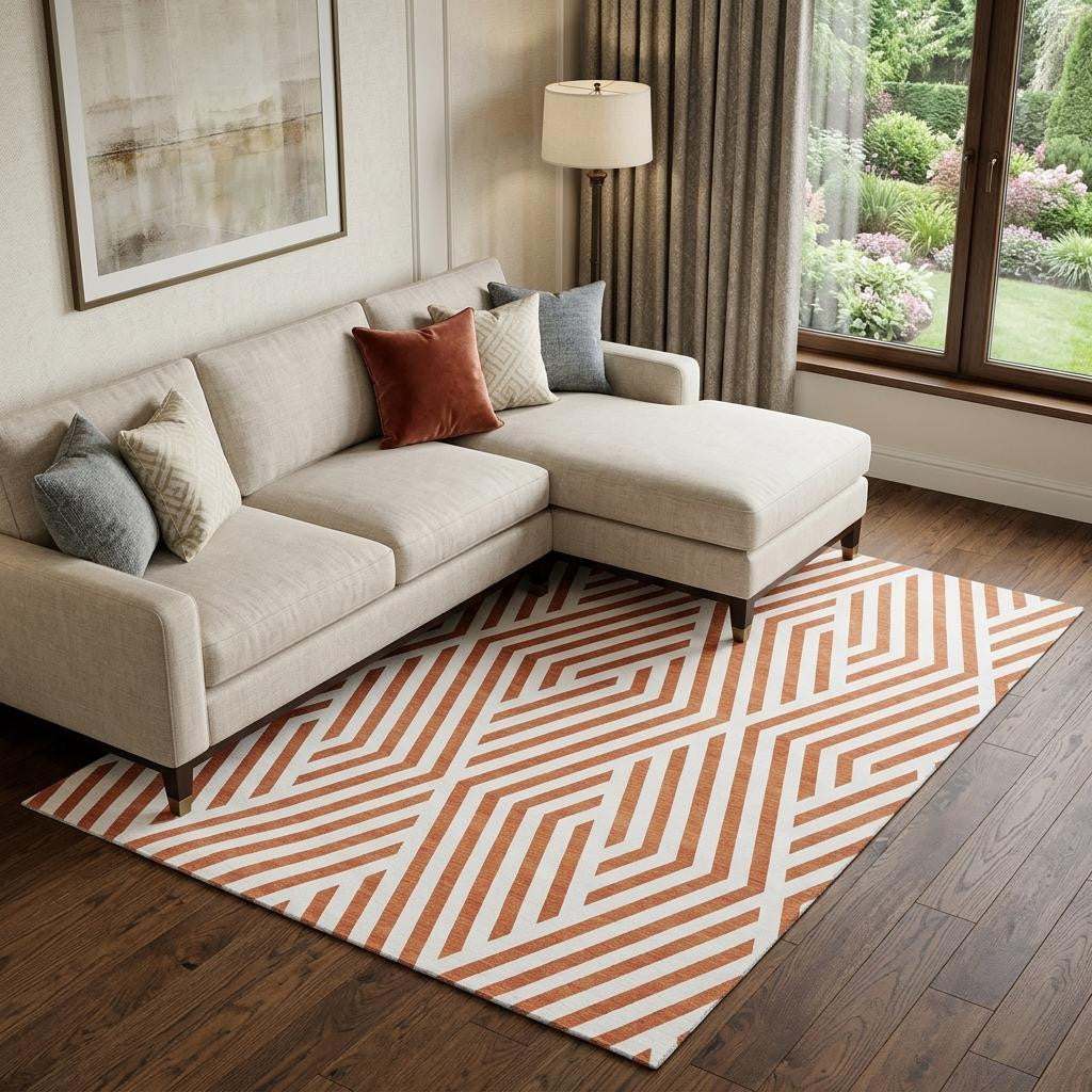 9 X 12 Rust And Ivory Geometric Washable Area Rug With UV Protection