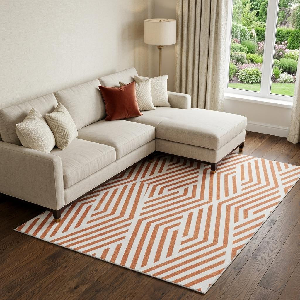 10 X 14 Rust And Ivory Geometric Washable Area Rug With UV Protection