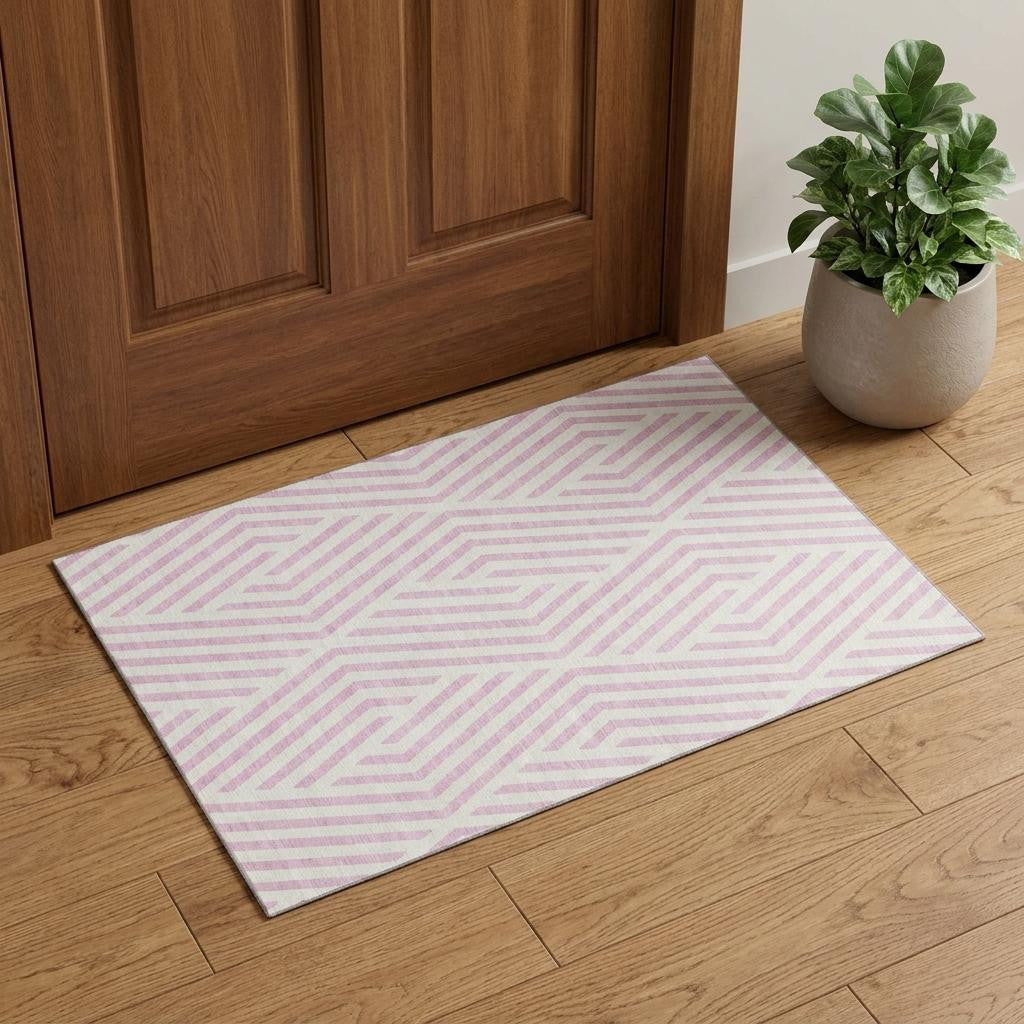 3 X 5 Pink And Ivory Geometric Washable Area Rug With UV Protection