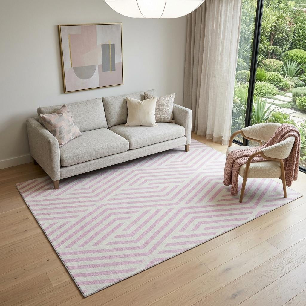 5 X 8 Pink And Ivory Geometric Washable Area Rug With UV Protection