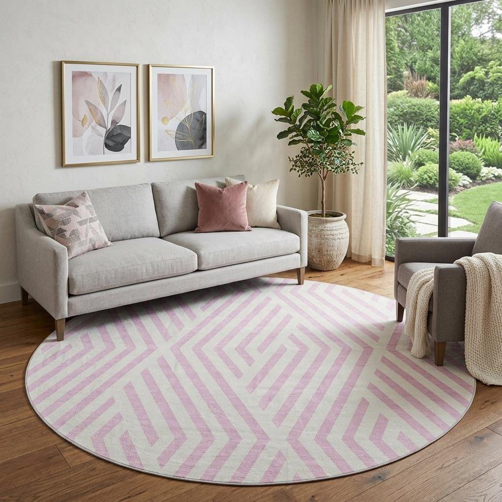 8 Pink And Ivory Geometric Washable Round Rug With UV Protection