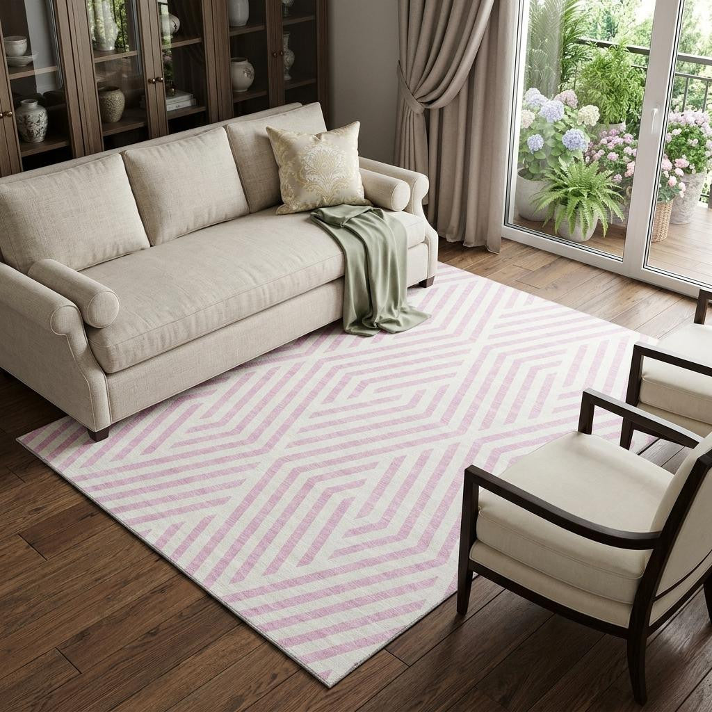 8 X 10 Pink And Ivory Geometric Washable Area Rug With UV Protection