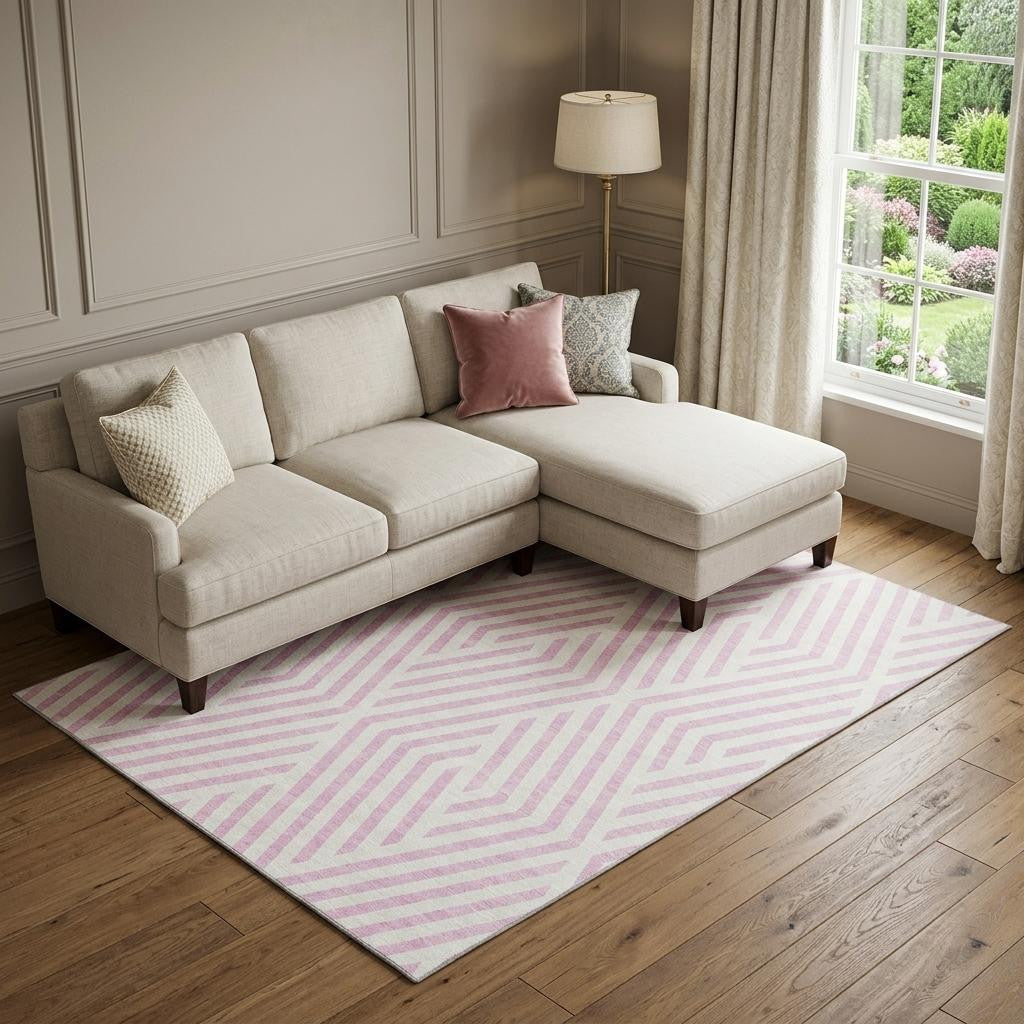 9 X 12 Pink And Ivory Geometric Washable Area Rug With UV Protection