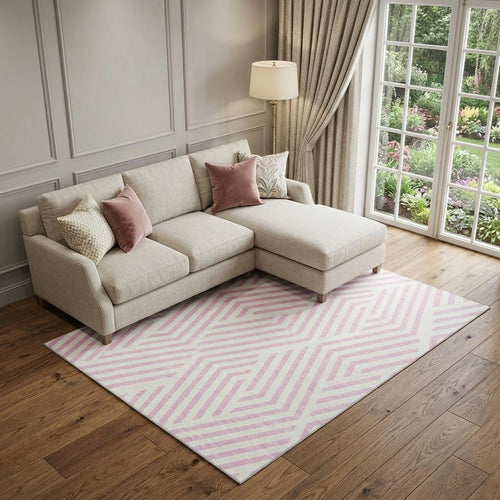 10 X 14 Pink And Ivory Geometric Washable Area Rug With UV Protection