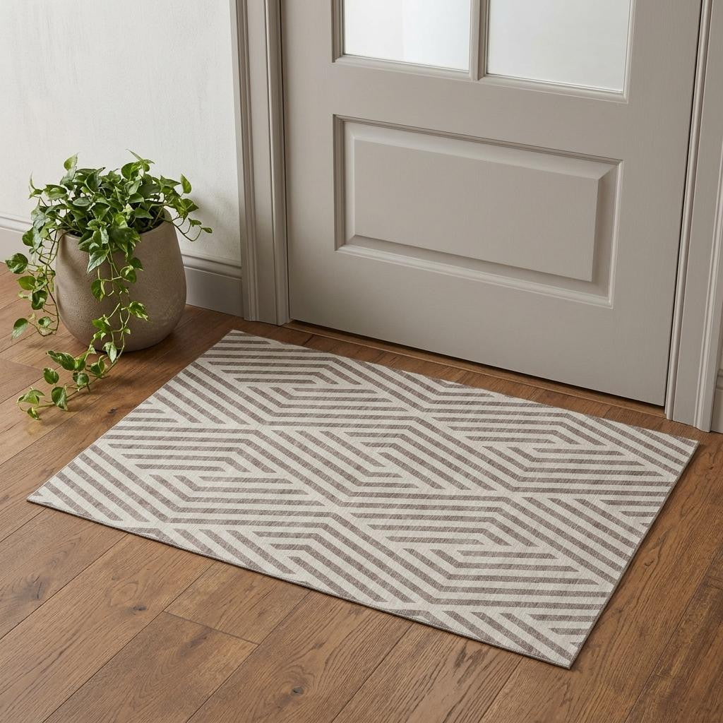 3 X 5 Taupe And Ivory Geometric Washable Area Rug With UV Protection