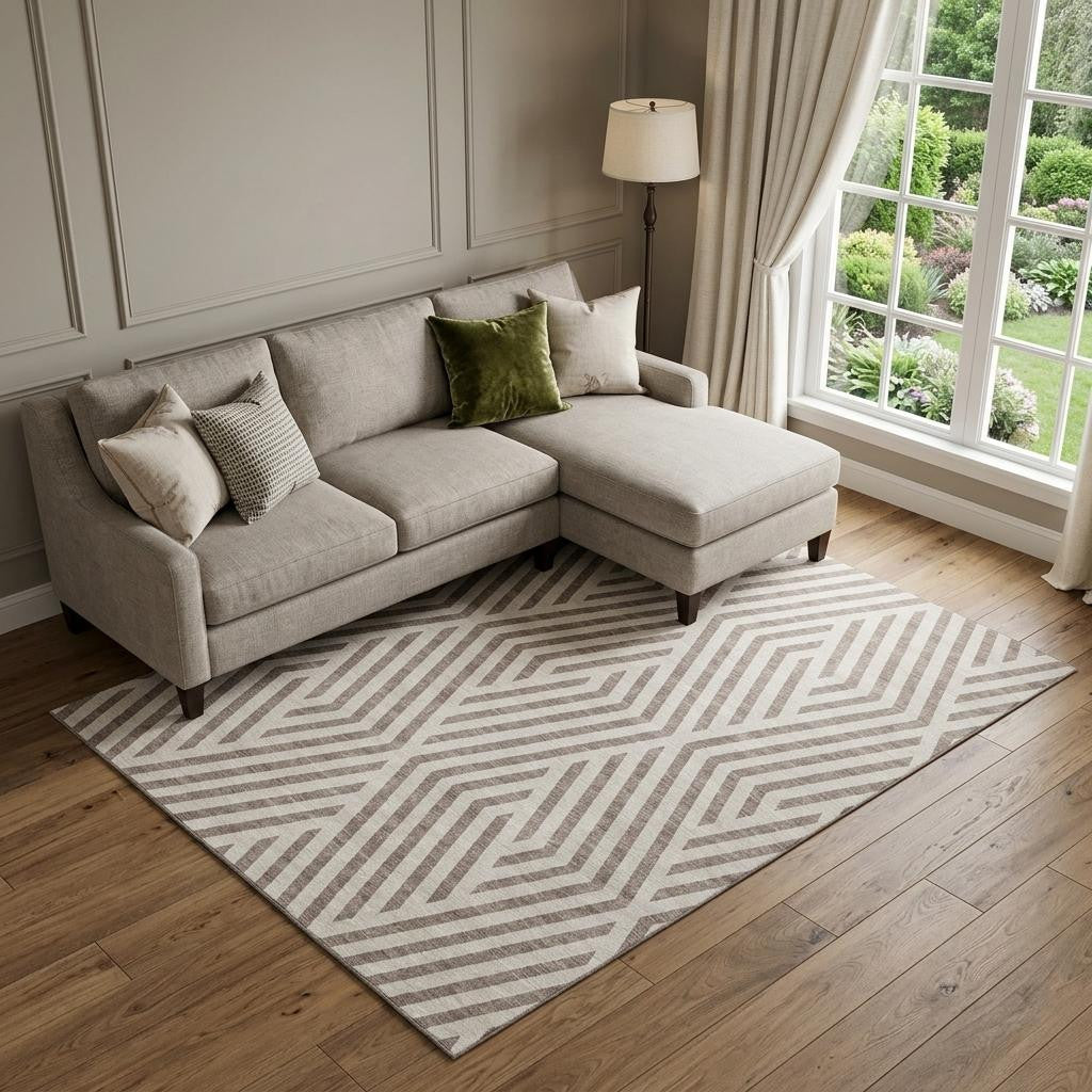 8 X 10 Taupe And Ivory Geometric Washable Area Rug With UV Protection