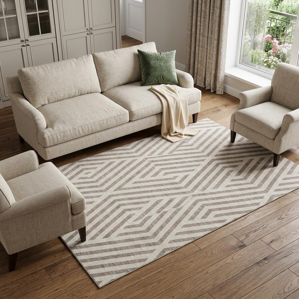 9 X 12 Taupe And Ivory Geometric Washable Area Rug With UV Protection