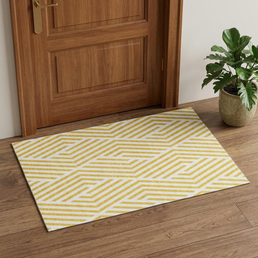 3 X 5 Yellow And Ivory Geometric Washable Area Rug With UV Protection