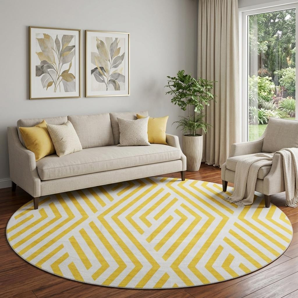 8 Yellow And Ivory Geometric Washable Round Rug With UV Protection