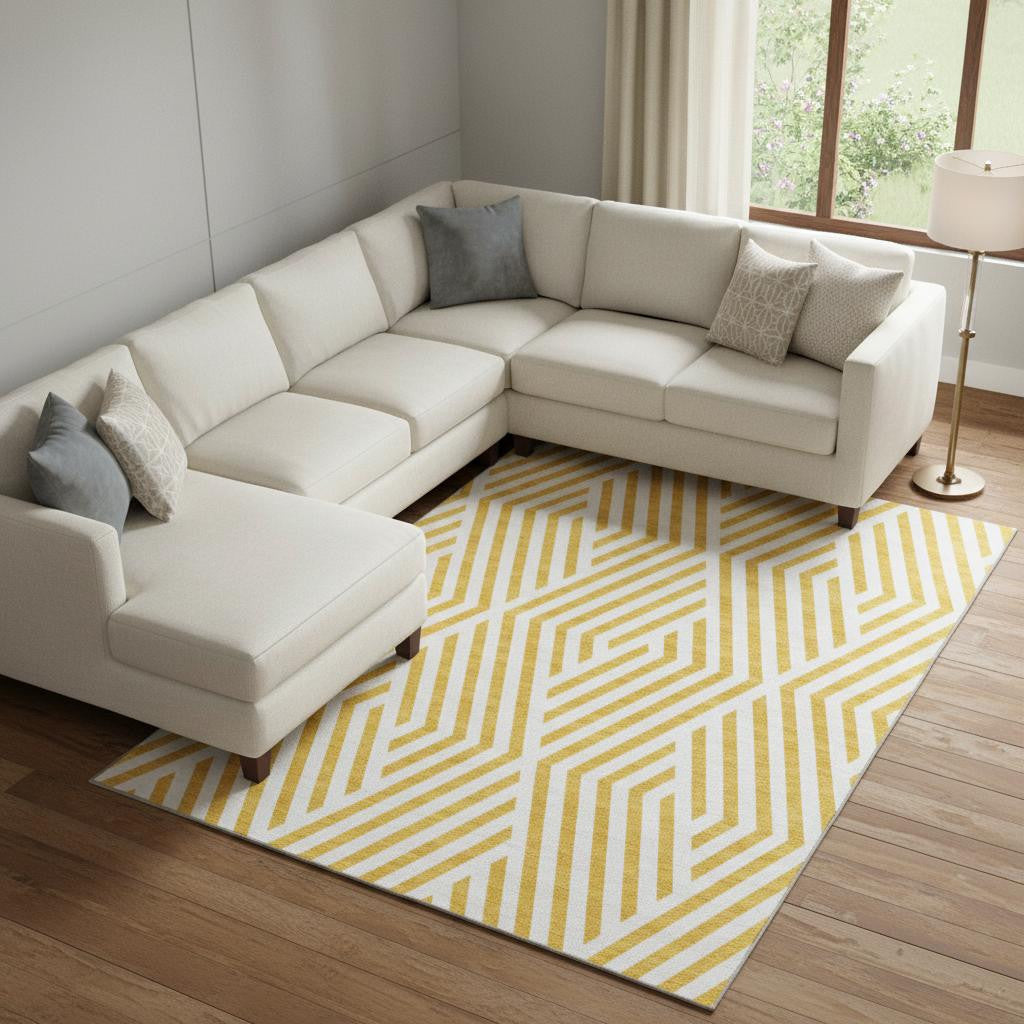 9 X 12 Yellow And Ivory Geometric Washable Area Rug With UV Protection