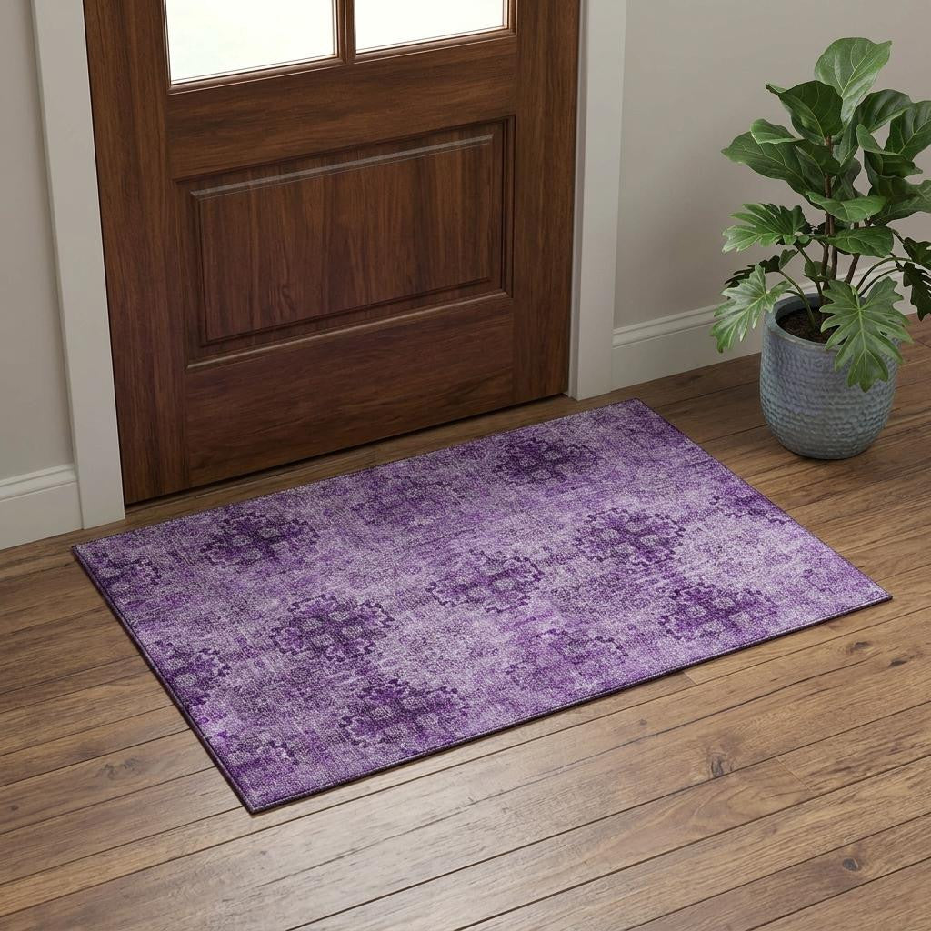 3 X 5 Eggplant And Ivory Floral Medallion Distressed Washable Area Rug With UV Protection