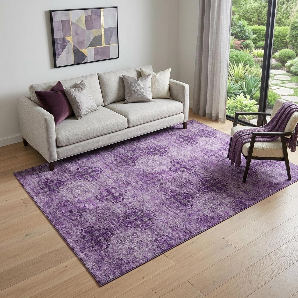5 X 8 Eggplant And Ivory Floral Medallion Distressed Washable Area Rug With UV Protection