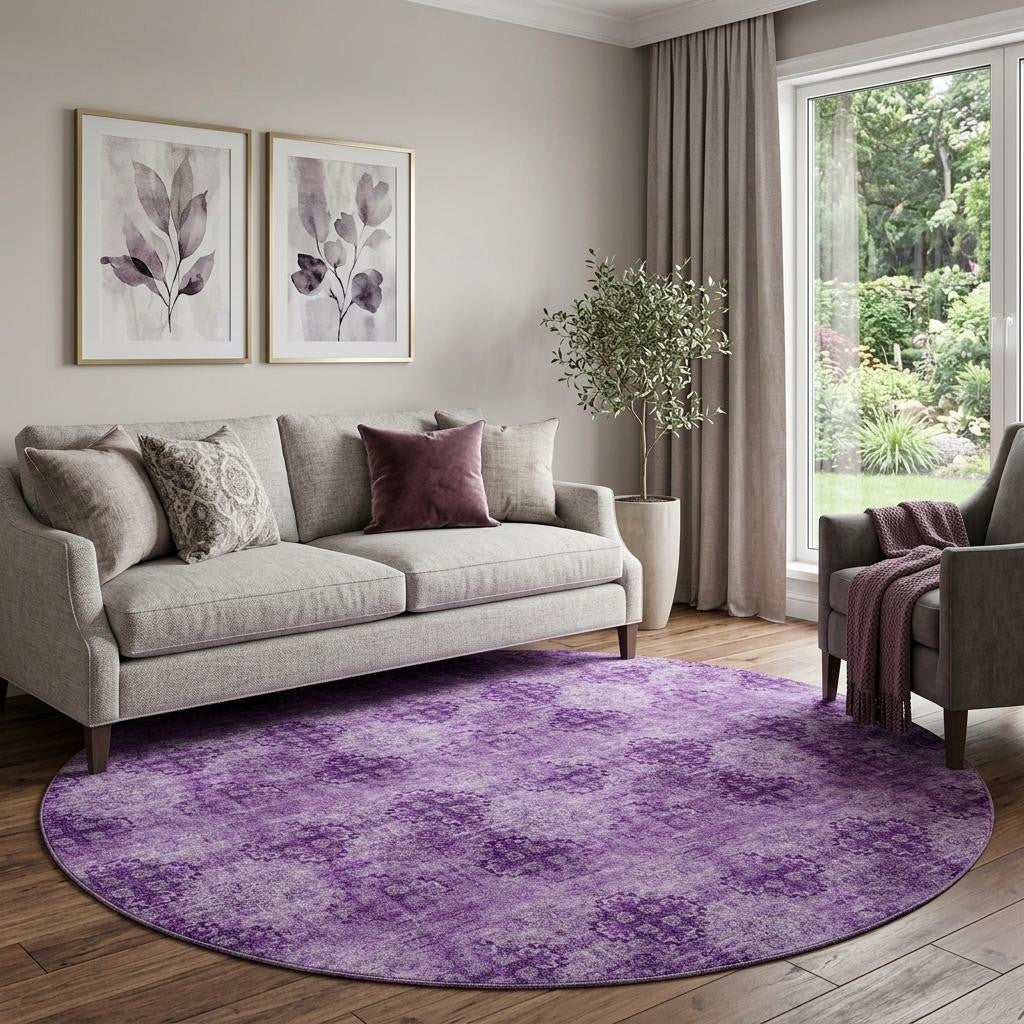 8 Eggplant And Ivory Floral Medallion Distressed Washable Round Rug With UV Protection