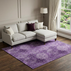 9 X 12 Eggplant And Ivory Floral Medallion Distressed Washable Area Rug With UV Protection