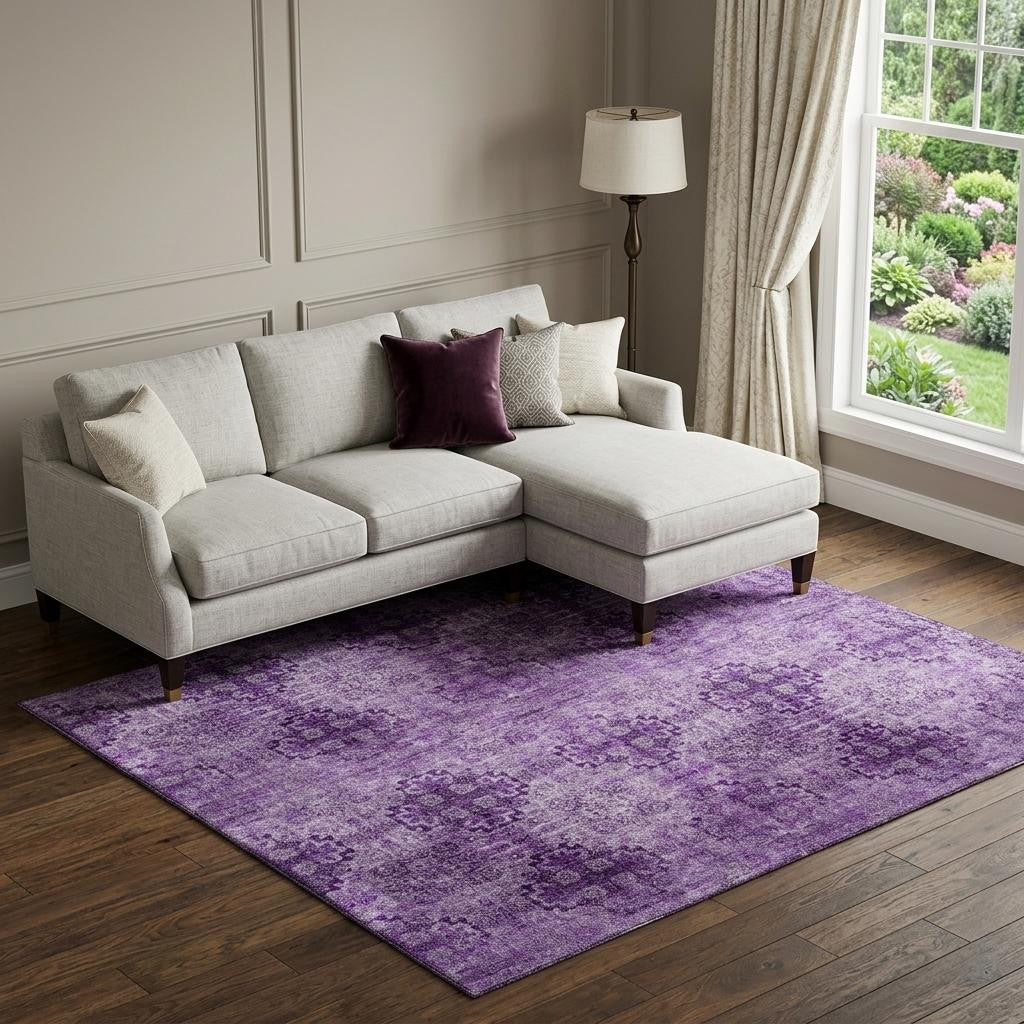 9 X 12 Eggplant And Ivory Floral Medallion Distressed Washable Area Rug With UV Protection