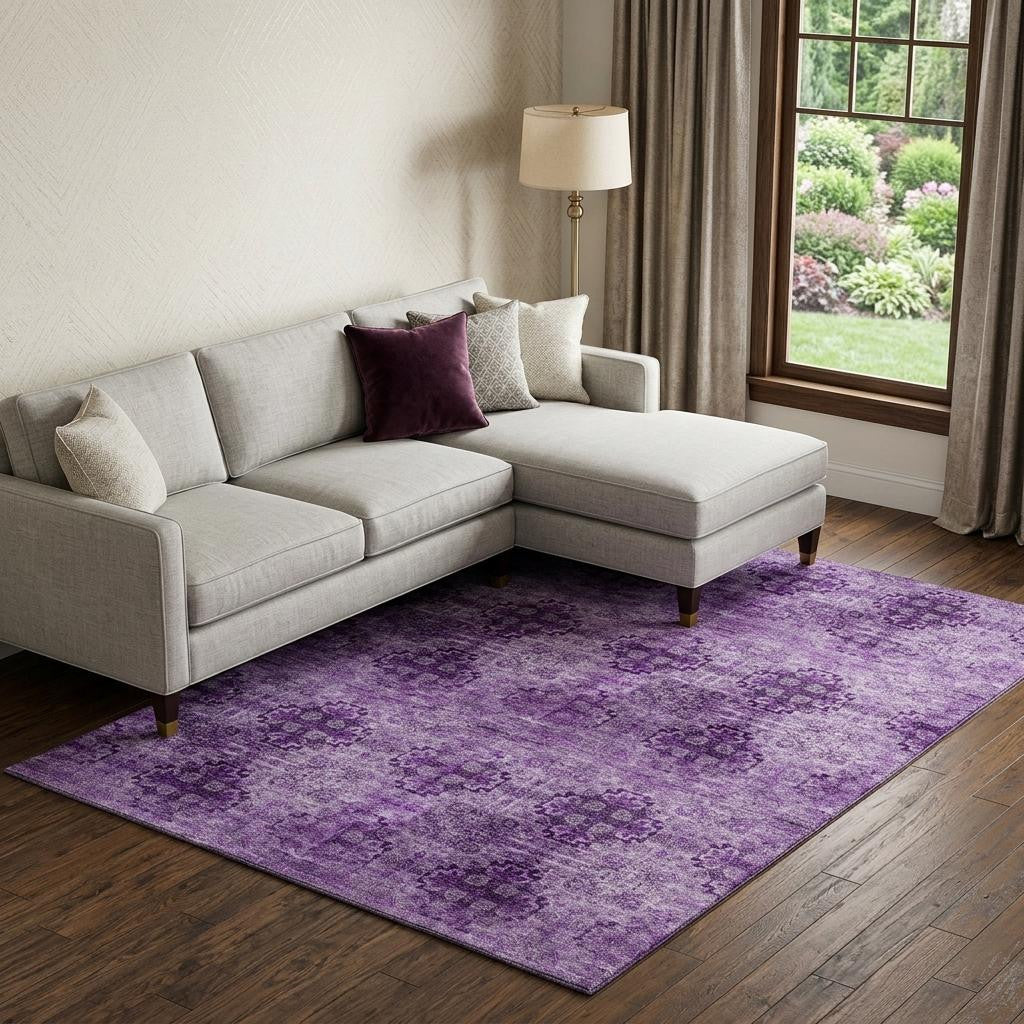 10 X 14 Eggplant And Ivory Floral Medallion Distressed Washable Area Rug With UV Protection