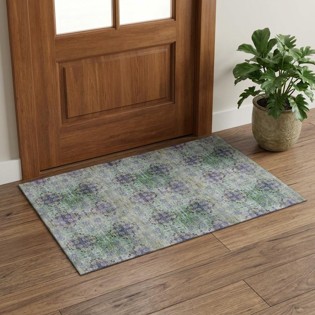 3 X 5 Green Blush And Teal Floral Medallion Distressed Washable Area Rug With UV Protection