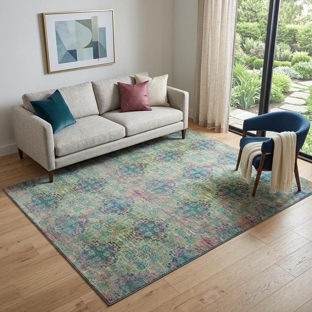 5 X 8 Green Blush And Teal Floral Medallion Distressed Washable Area Rug With UV Protection