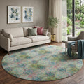 8 Green Blush And Teal Floral Medallion Distressed Washable Round Rug With UV Protection
