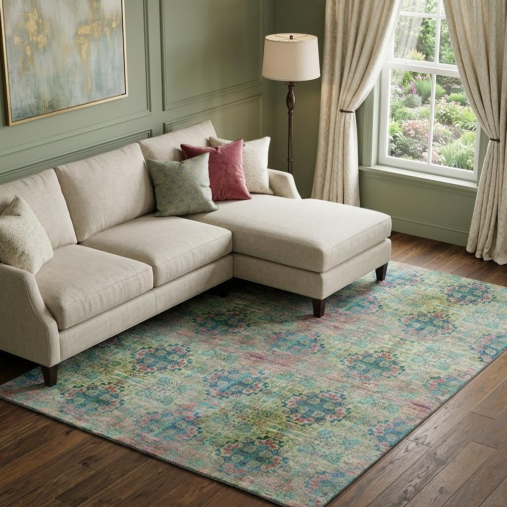 8 X 10 Green Blush And Teal Floral Medallion Distressed Washable Area Rug With UV Protection