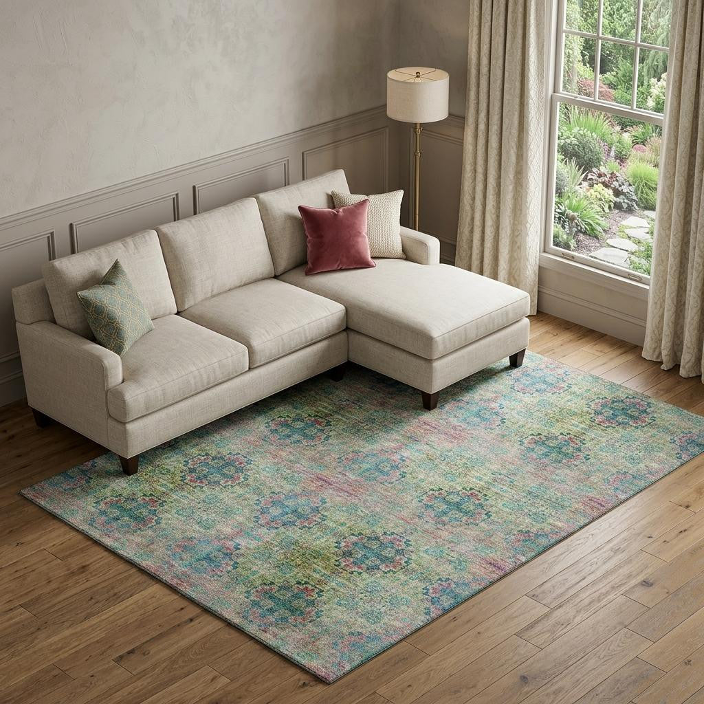 9 X 12 Green Blush And Teal Floral Medallion Distressed Washable Area Rug With UV Protection