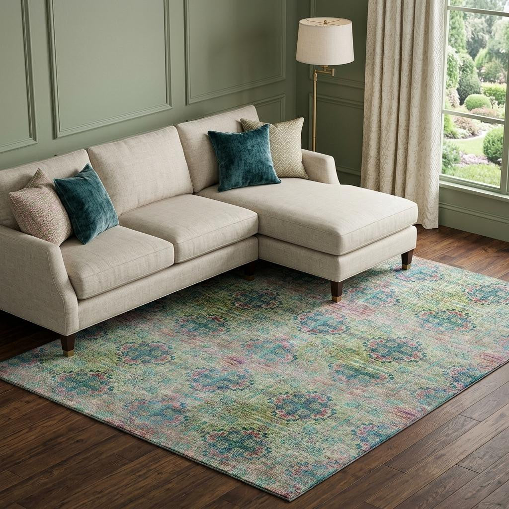 10 X 14 Green Blush And Teal Floral Medallion Distressed Washable Area Rug With UV Protection
