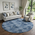 8 Navy Blue And Ivory Floral Medallion Distressed Washable Round Rug With UV Protection