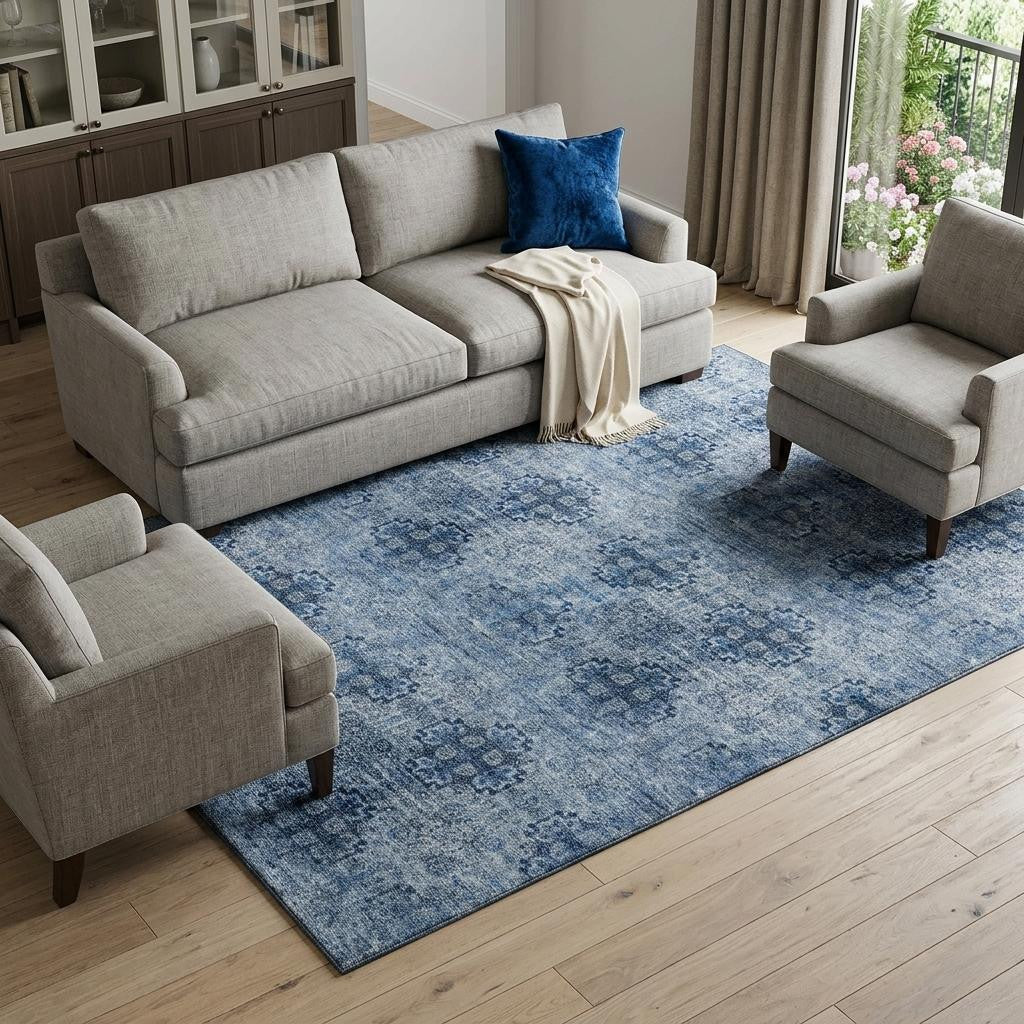 8 X 10 Navy Blue And Ivory Floral Medallion Distressed Washable Area Rug With UV Protection