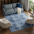 9 X 12 Navy Blue And Ivory Floral Medallion Distressed Washable Area Rug With UV Protection