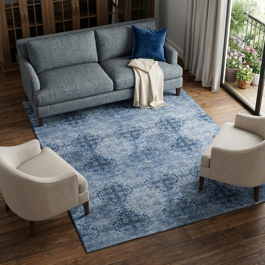 9 X 12 Navy Blue And Ivory Floral Medallion Distressed Washable Area Rug With UV Protection