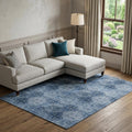 10 X 14 Navy Blue And Ivory Floral Medallion Distressed Washable Area Rug With UV Protection