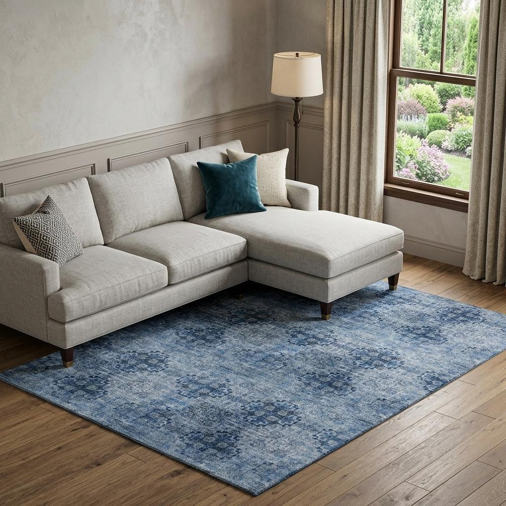 10 X 14 Navy Blue And Ivory Floral Medallion Distressed Washable Area Rug With UV Protection