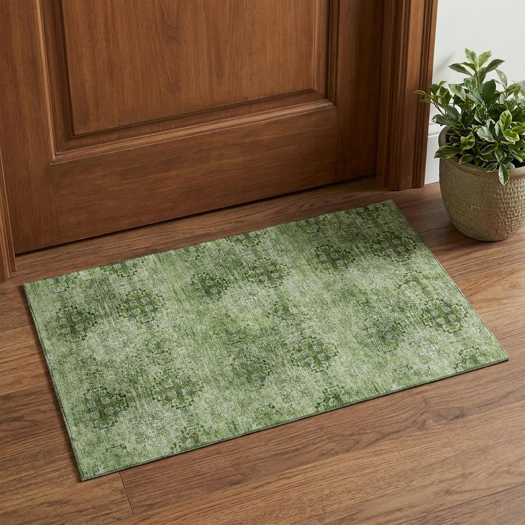 3 X 5 Olive Green And Ivory Floral Medallion Distressed Washable Area Rug With UV Protection