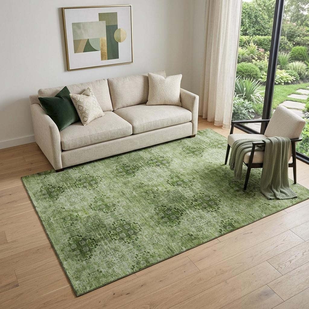 5 X 8 Olive Green And Ivory Floral Medallion Distressed Washable Area Rug With UV Protection