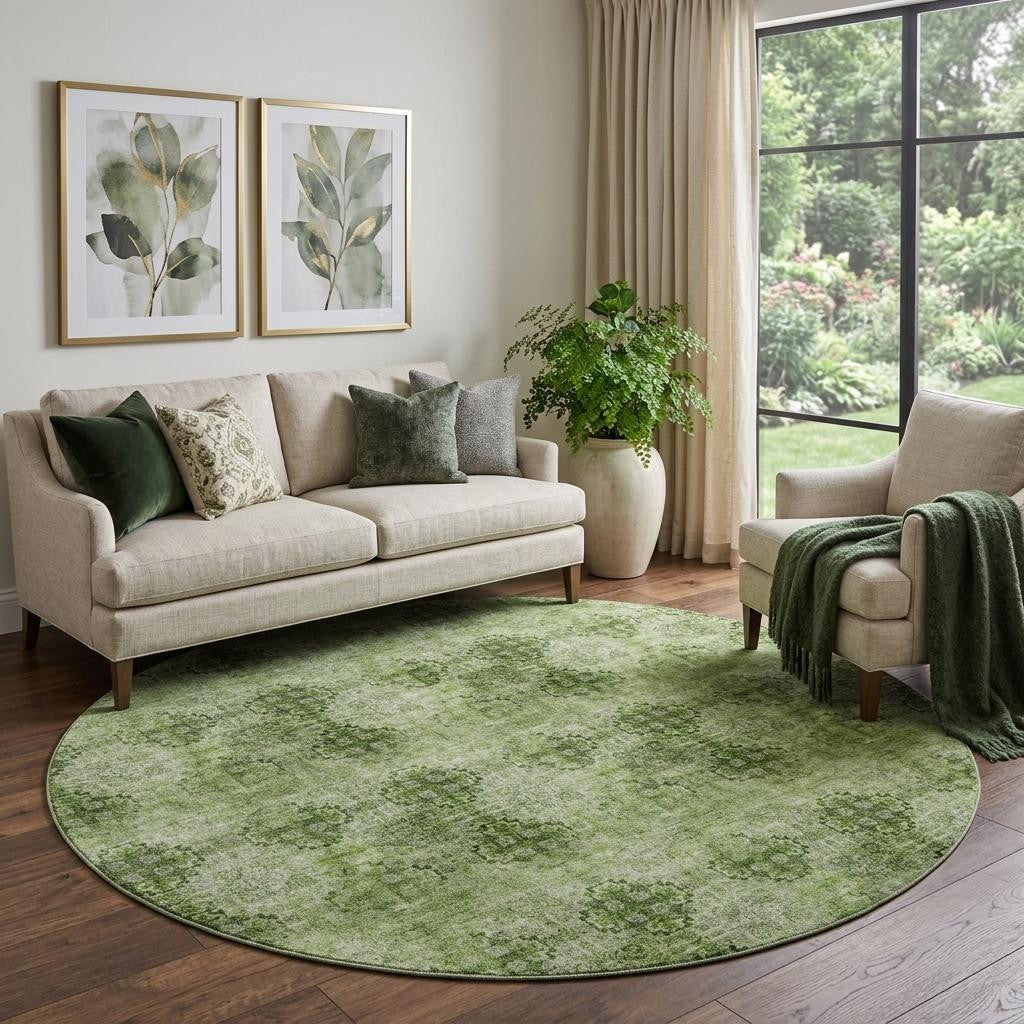 8 Olive Green And Ivory Floral Medallion Distressed Washable Round Rug With UV Protection