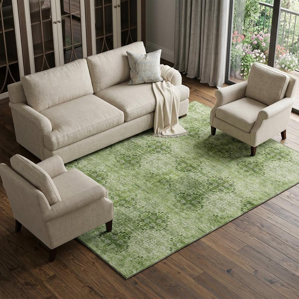 8 X 10 Olive Green And Ivory Floral Medallion Distressed Washable Area Rug With UV Protection