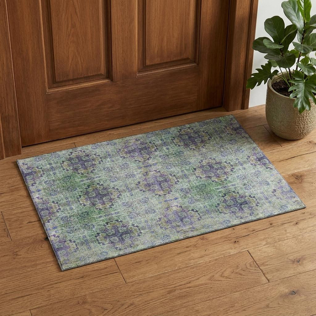 3 X 5 Purple Green And Ivory Floral Medallion Distressed Washable Area Rug With UV Protection