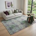 5 X 8 Purple Green And Ivory Floral Medallion Distressed Washable Area Rug With UV Protection