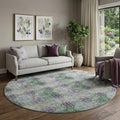 8 Purple Green And Ivory Floral Medallion Distressed Washable Round Rug With UV Protection