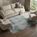 8 X 10 Purple Green And Ivory Floral Medallion Distressed Washable Area Rug With UV Protection