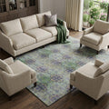9 X 12 Purple Green And Ivory Floral Medallion Distressed Washable Area Rug With UV Protection