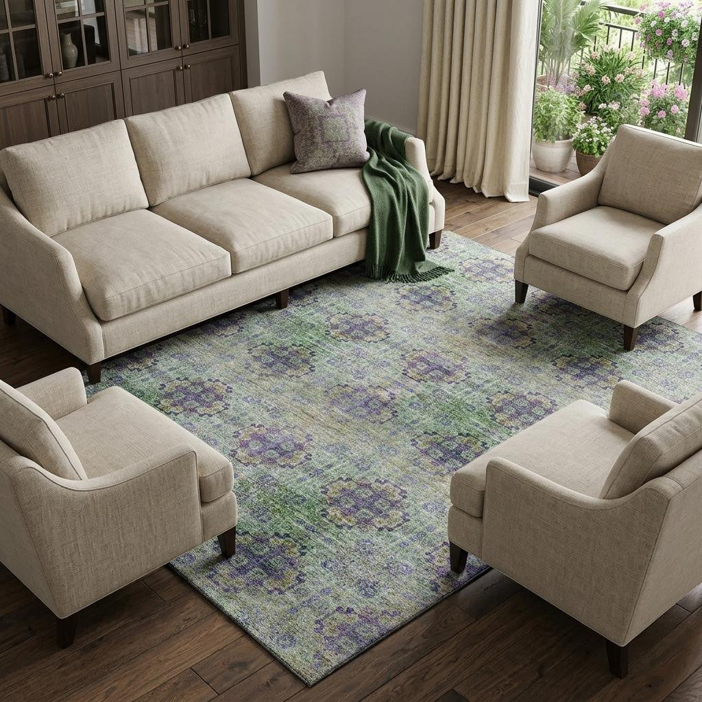 9 X 12 Purple Green And Ivory Floral Medallion Distressed Washable Area Rug With UV Protection