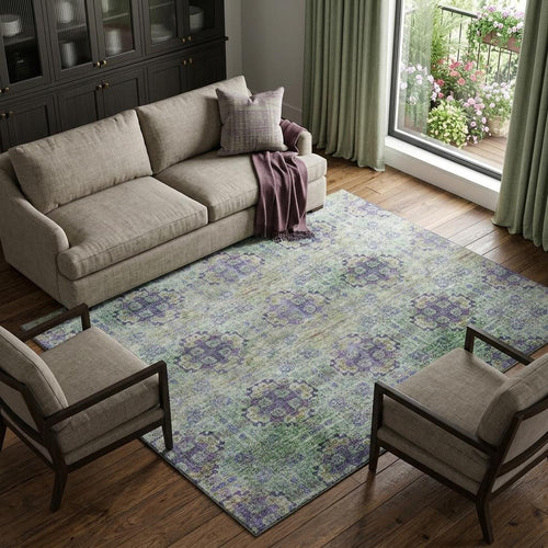 10 X 14 Purple Green And Ivory Floral Medallion Distressed Washable Area Rug With UV Protection
